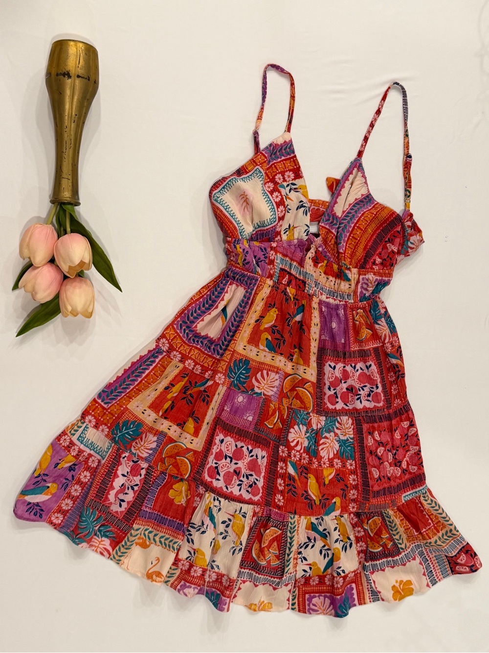 Angie Boho Patchwork Mini Dress - Red, Pink, Orange